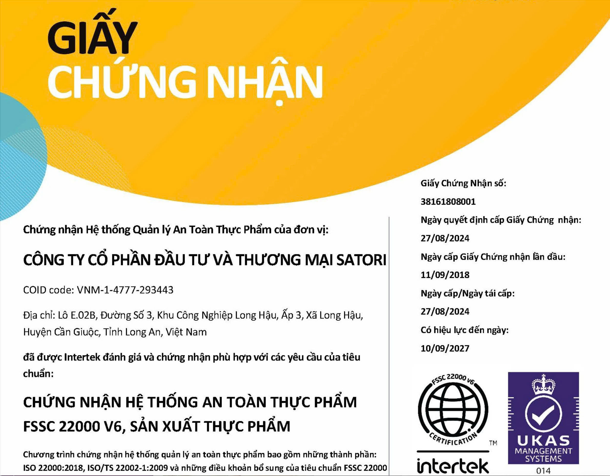 Satori Food Safety and Hygiene Certificate and Drinking Water Test Certificate