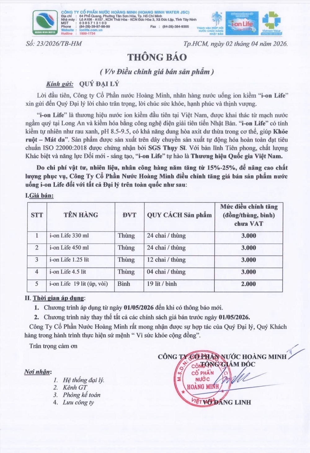 Thông báo tăng giá nước ion life từ ngày 01/05/2026