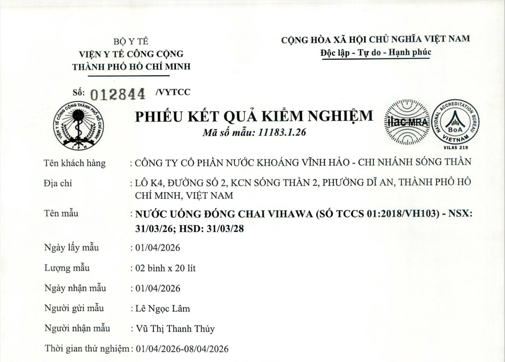 Quality Testing Results of Vihawa Bottled Drinking Water - 2026