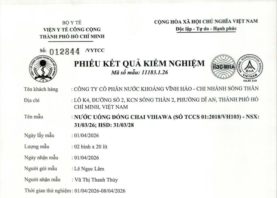 Quality Testing Results of Vihawa Bottled Drinking Water - 2026 Quality Testing Results of Vihawa Bottled Drinking Water - 2026