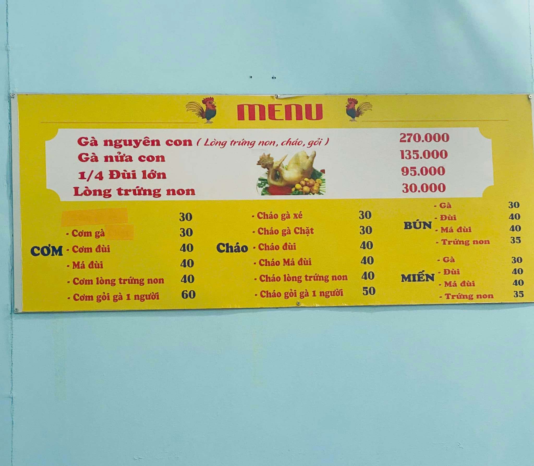 Menu gà ta tam kỳ 70 nguyễn 